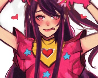 May include: A digital illustration of a woman with long purple hair wearing a pink and yellow outfit with stars and hearts. She is wearing pink gloves and has a pink flower in her hair.