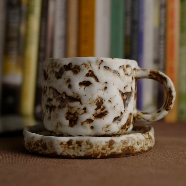 Wabi-Sabi Handmade Vintage Mug, Raku Yaki Ware, Rustic Textured Crafted Cup, Japandi Organic Coffee Tea Mug, Stylish Artsian mug with saucer