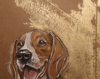 Beagle, One-off original, hand drawn dog portrait. Unique handmade gift. Gold leaf.