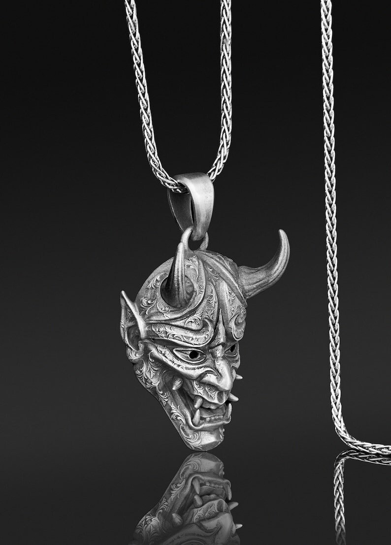 Hannya Mask Oxidized Necklace in Silver Japanese Art Oni Mask Etsy