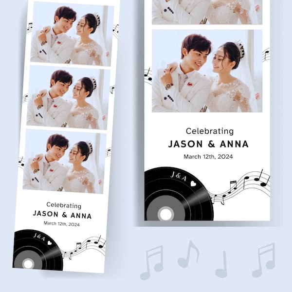 Vinyl Record Music Themed Wedding Engagement Photo Booth Template, 2x6 strip, Canva Editable Template for Music Lovers