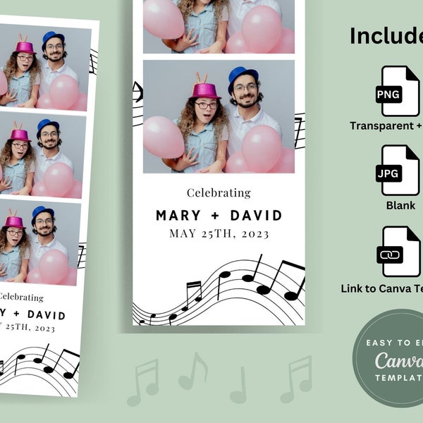 Music Themed Wedding Engagement Photo Booth Template, 2x6 strip, Photo Booth Canva Editable Template