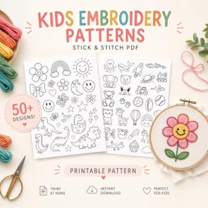 Padrões de Bordado à Mão para Crianças - PDF Imprimível com Mais de 50 Desenhos