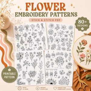 Patrones de bordado a mano de flores - ¡Más de 80 diseños florales imprimibles en PDF con la técnica de "pegar y coser"!