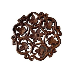 Vintage Hand Carved Wooden Trivet with Legs 5.5&quot; Floral Design Wood