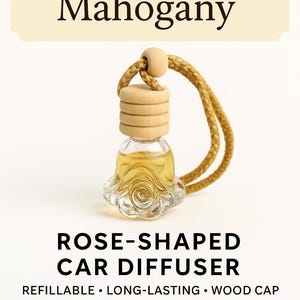 Teakwood Mahogany Car Diffuser | Rose Glass Bottle | Warm Masculine Scent | Wood Cap | Refillable Air Freshener