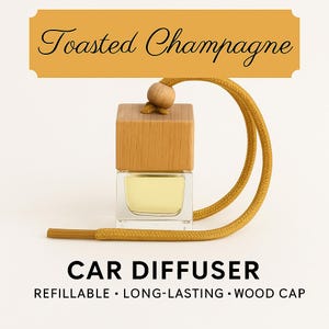 Toasted Champagne Car Diffuser | Square Glass Bottle | Celebration Scent | Wood Cap | Refillable Air Freshener