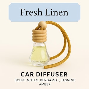 Fresh Linen Car Diffuser | Rose Glass Bottle | Clean Cotton Scent | Wood Cap | Refillable Hanging Air Freshener