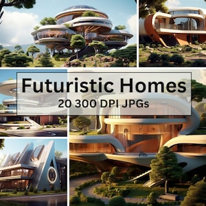 Peut inclure: Une collection de 20 designs de maisons futuristes, chacune avec une architecture unique et moderne. Les images sont en haute résolution, 300 DPI JPG.