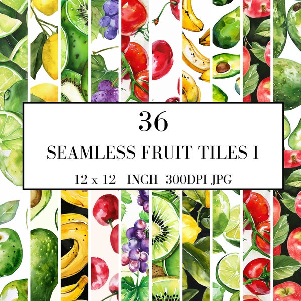 36 Fruit Patterns 1 - Popular Fruit, Seamless Tiles, 300 DPI, 12inch, JPG, Fruit Digital Paper, Fruit Seamless Pattern