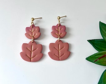 Maple Leaf Earrings | Handmade Polymer Dangle Earrings | Pink and Gold