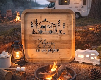 Bamboo camping tray – camper gift, motorhome & caravan decor, customizable, camping board with engraving