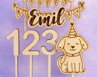 Personalized wooden cake topper – animal motifs safari, dinosaur, name & number, children's birthday, balloon, animal cake topper, wooden cake decoration