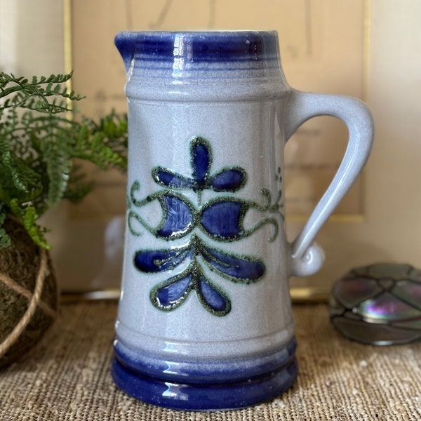 German Mid Century Ceramic Pitcher Vase Cobalt Blue Gray Strehla Keramic GDR East Germany Fat Lava Organic Design Hand Decorated 7.5”