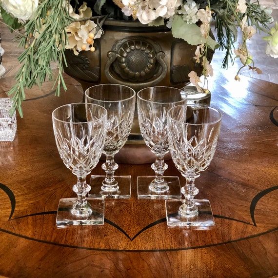 Hawkes Crystal Wine Glasses Water Goblets Handmade Cornwall Pattern Square  Base Ring Stem Set of 4 6.75 Near Perfect 