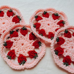 Strawberry Crochet Coasters with Pink Background | Set of 4 Handmade Crochet Coasters