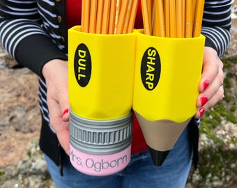 Personalized Pencil holder for primary school teachers desk sharp dull, Made in Oregon, USA. Beware of imposters using our photos.