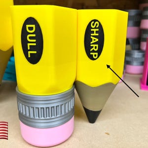 May include: Two yellow pencil-shaped holders with black labels. The holder on the left says "DULL" and the holder on the right says "SHARP".