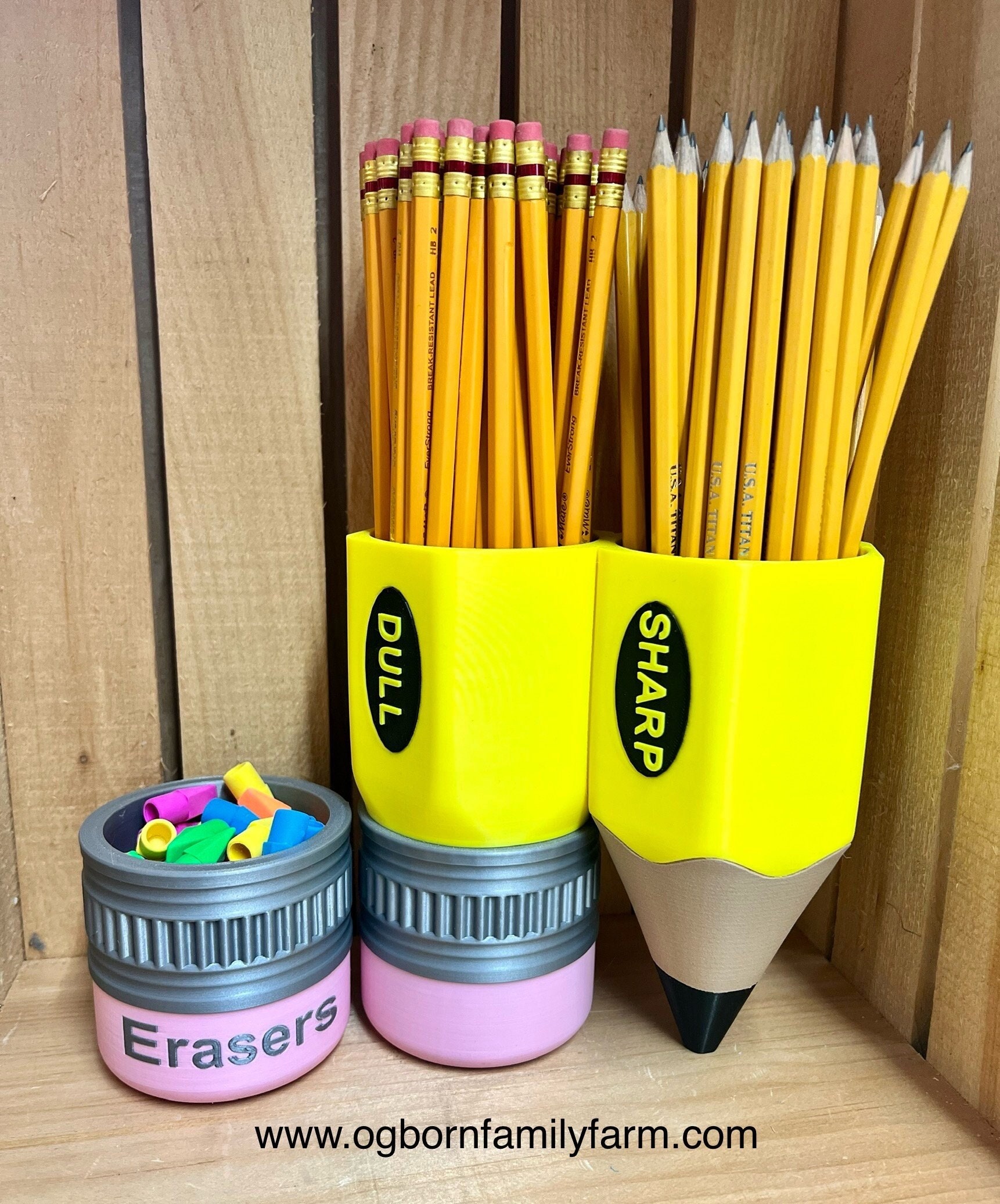 Combo - The Pencil cap eraser bucket and Dual sided Pencil Holder Combo from Ogborn Family Farm, made in the USA!