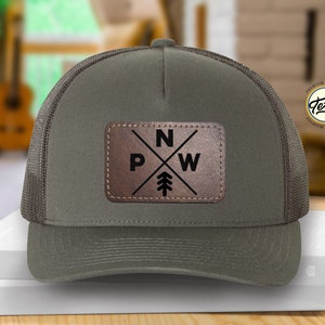 PNW Hat: Mountain Hiking Leather Patch Trucker Hat