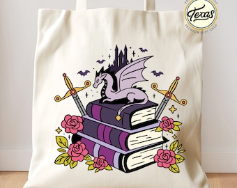Fantasy Dragon Book Tote Bag: Reusable Canvas Library Bag