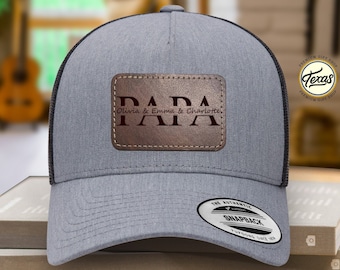 Custom Grandkids Name Papa Hat, Personalized Papa Gift, Leather Patch Hat, Grandpa Trucker Hat, Dad Hat, Father's Day Hat, Grandpa Hat Gift