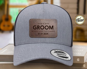 Custom Groom Leather Patch Trucker Hat: Personalized Wedding Party Gift