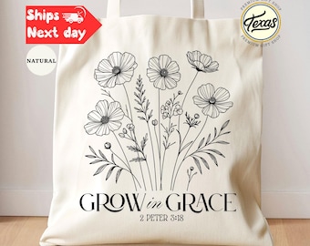 Christian Floral Canvas Tote Bag: Grow in Grace Bible Verse