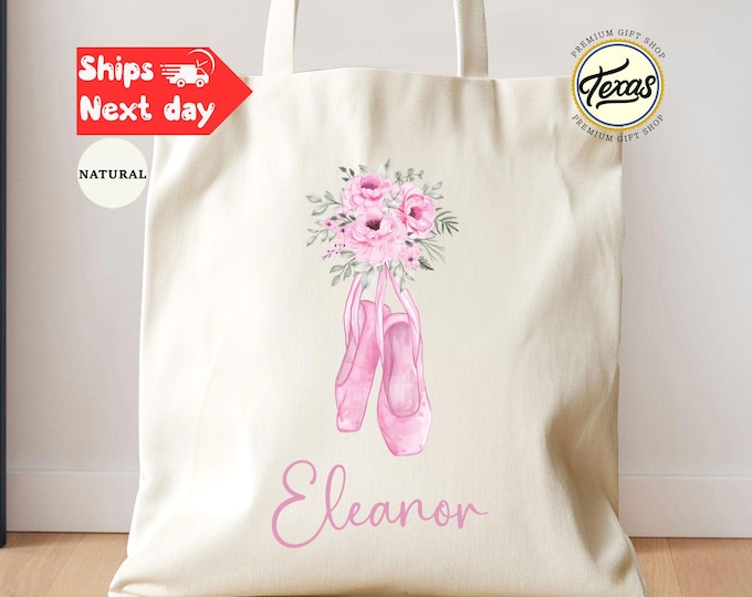 Personalized Floral Ballet Shoes Tote Bag: Custom Dancer Gift
