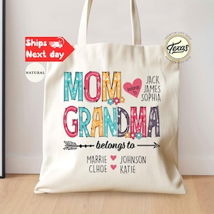 Personalized Mom Grandma Tote Bag with Grandkids Names, Custom Grandma Gifts, Canvas Mother&#39;s Day Gift Bag, Grandmother Tote Bag