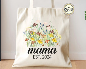 Custom Floral Mama Tote Bag, Personalized Mom Tote Bag, Wildflowers Tote Bag, Mother's Day Gift, New Mom Gift, Baby Shower Gift, Mommy Bag