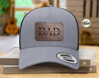 Custom Kids Name Dad Hat, Personalized Dad Gift, Leather Patch Hat, Dad and Kids Trucker Hat, Dad Hat, Fathers Day Hat, Grandpa Hat Gift