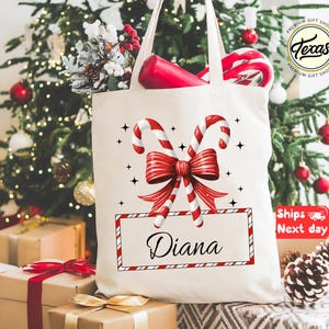 Personalized Candy Cane Christmas Tote Bag: Holiday Season Gift