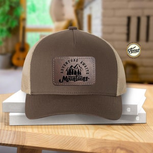 Adventure Awaits Mountains Leather Patch Hat, Camp Lover Hat, Adventure Fathers Day Gift Hat, Nature Hat, Mountains Hiking Apparel