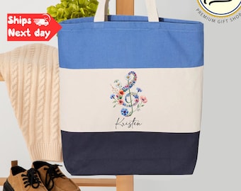 Sac fourre-tout personnalisé fleurs sauvages avec clé de sol, cadeau personnalisé pour professeur de musique