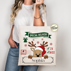 May include: A beige canvas tote bag featuring a reindeer wearing a Santa hat, with the text "Special Delivery." The bag includes the name "Sophia" and the words "2X NICE" with checkmarks, along with snowflakes and a bell.