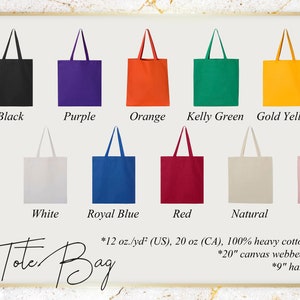Pu&ograve; includere: Un set di 12 borse tote in vari colori, tra cui nero, viola, arancione, verde Kelly, giallo oro, verde, bianco, blu reale, rosso, naturale e rosa. Le borse sono realizzate in tela di cotone pesante 100% con manici intrecciati in tela da 51 cm e un'altezza del manico di 23 cm. *12 oz./yd&sup2; (US), 20 oz (CA). Borsa tote.