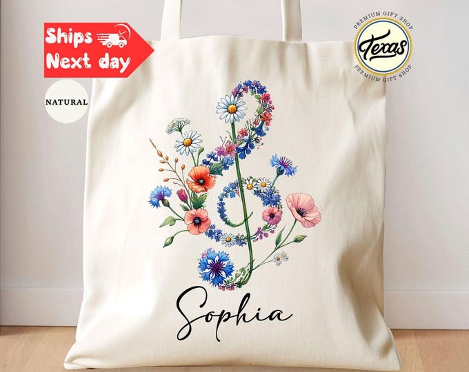 Personalized Wildflowers Treble Clef Tote Bag: Custom Musician Gift