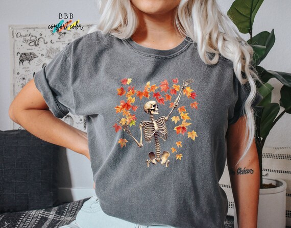 Skeleton in Fall Leaves Shirt, Skeleton Shirt, Autumn Shirt, Cute Fall Shirt,Comfort Color Tee,Leaves Shirt,Oversized Shirt,Thanksgiving Tee