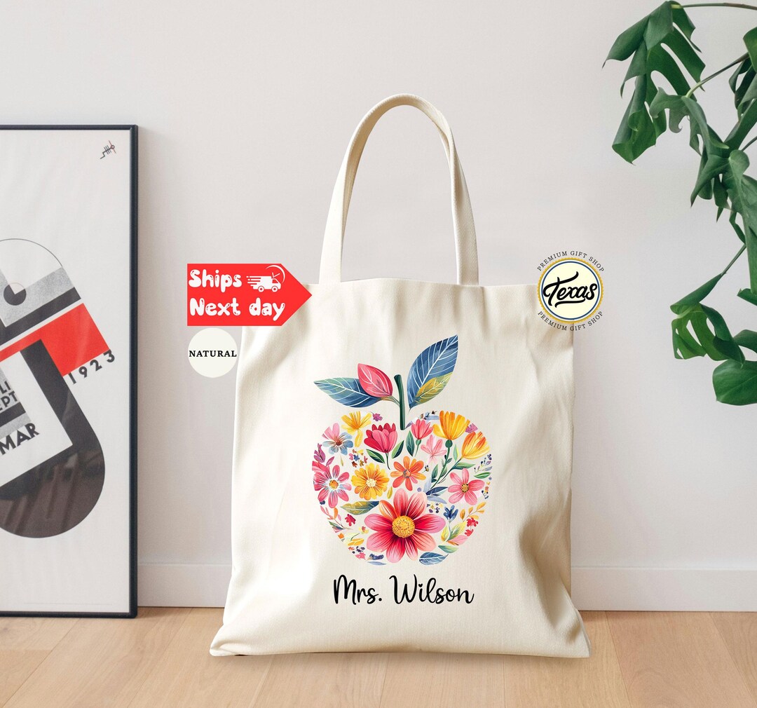 Personalized Teacher Tote Bag: Apple Name Bag - Etsy