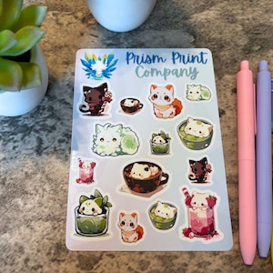 Cafe Cats Vinyl Sticker Sheet, Kawaii Aesthetic, Beverage-Themed Cats, Cafe-Themed Cats