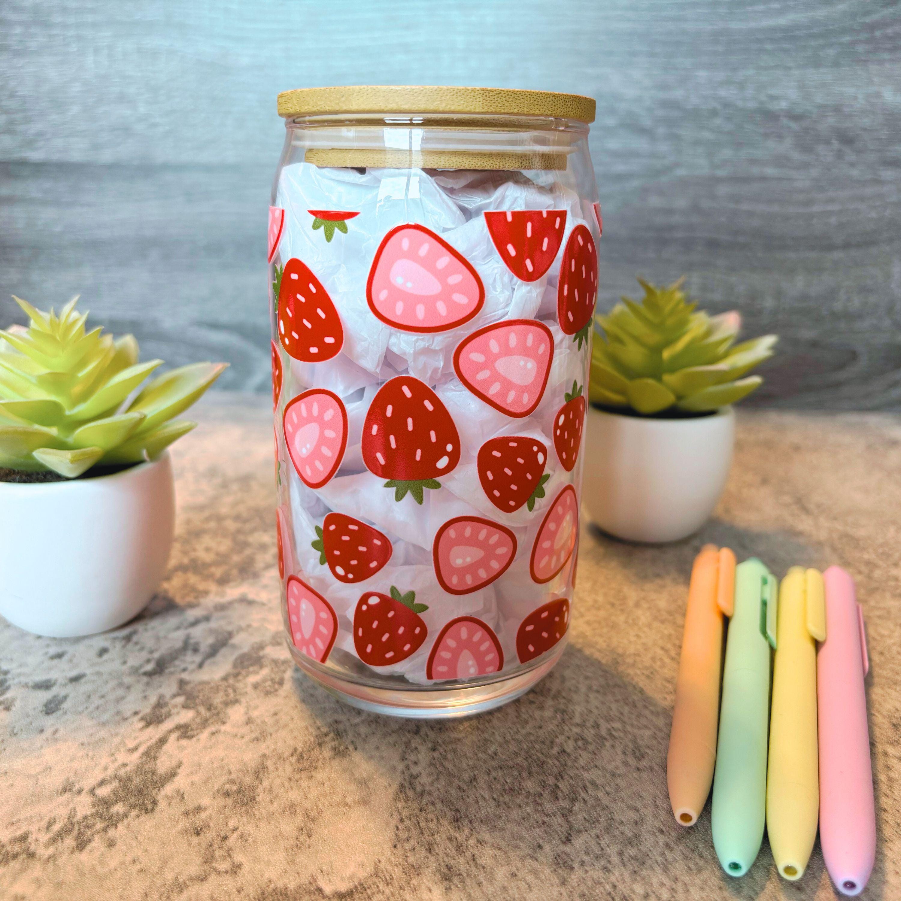 Cute Strawberry Pattern Glass Iced Coffee Cup, Great Gift for Friends, Bridesmaids, or Family