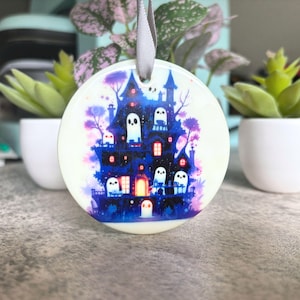Cute Halloween Ornaments, Spooky Cute Haunted Mansion Ornament, One-sided Ceramic 3&quot;