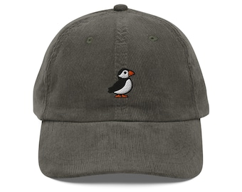 Puffin Corduroy Embroidered Cap | Sea Parrot Gift | Cute Bird Watching Vintage Cap | Sustainable Hat | Multiple Colors | For Him & Her