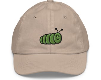 Czapka baseballowa Caterpillar Kids z haftem | Prezent dla dziecka w kształcie larwy | Uroczy dziecięcy kapelusz do polowania na owady dla niego i dla niej | Wiele kolorów