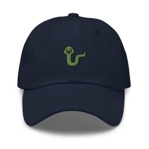 May include: A navy blue baseball cap with an embroidered green snake with a red tongue.