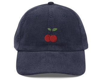 Cherries Corduroy Embroidered Cap | Gift For Cherry Fruit Lovers | Cute Cherry Vintage Cap | Sustainable Hat | For Him & Her
