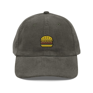 Burger Corduroy Cap | Cheeseburger Gift | Cute Embroidery Vintage Cap | Sustainable Hat | Multiple Colors | For Him & Her