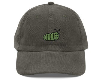 Caterpillar Corduroy Cap | Cute Larva Gift | Bug Hunting Grub Vintage Cap | Sustainable Hat | Multiple Colors | For Him & Her