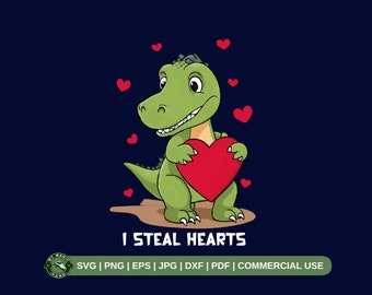 Ich stehle Herzen SVG PNG, Valentine Dinosaurier SVG, Junge Valentines Shirt SVG, Dinosaurier-Holding-Herz Png, Dino Valentine SVG, Kinder Valentine SVG